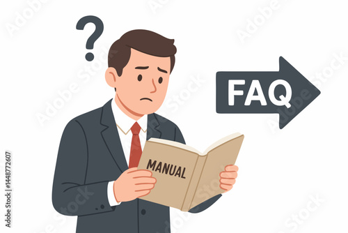 Businessman with question mark reads manual, feeling confused and seeking help. Looking towards FAQ arrow for support, answers, and information. Business guidance concept vector.