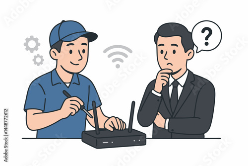 IT support specialist helping confused man fix wireless router connection problem. Professional technician providing home network assistance and troubleshooting service vector art.