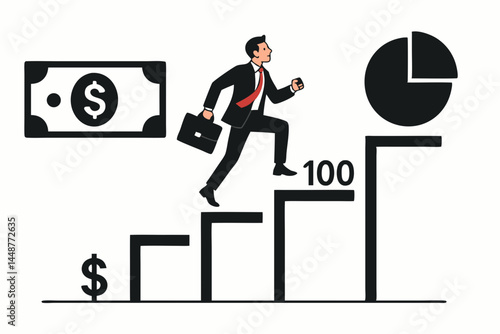 Businessman climbing bar chart stairs towards financial success and achieving goals, representing career growth, investment progress, and reaching business targets with dollar signs and pie chart.