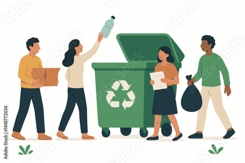 Flat vector illustration showing diverse people sorting waste for eco-friendly disposal, recycling plastic bottles, paper, and cardboard boxes into a large green bin outdoors.