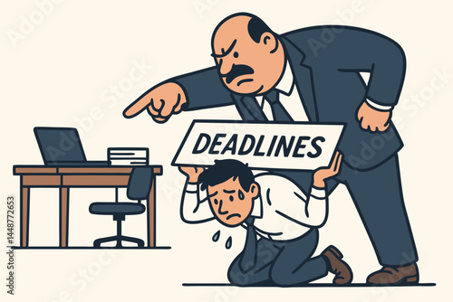 Vector illustration of stressed businessman overwhelmed by work deadlines, carrying heavy sign under pressure from angry boss pointing accusingly. Corporate pressure, anxiety, burnout concept.