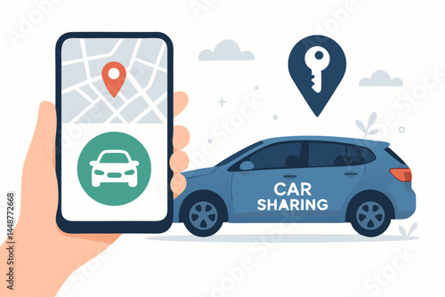 Vector illustration of car sharing service using mobile app. Hand holds phone showing map, location pin, and car icon for easy online vehicle rental and transportation booking.