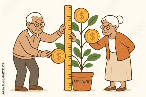 Senior couple measuring financial growth of their retirement savings money tree plant with dollar coins, illustrating investment planning, wealth accumulation, and pension funds concept vector.