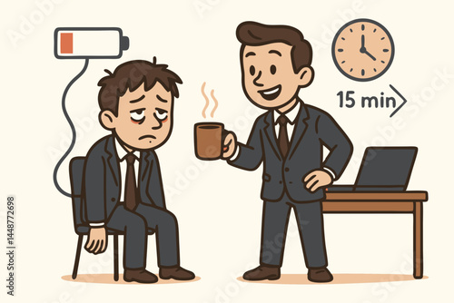 Office coffee break scene shows an energetic colleague offering coffee to a tired, low-battery businessman for a quick 15-minute recharge to combat fatigue and improve work morale.