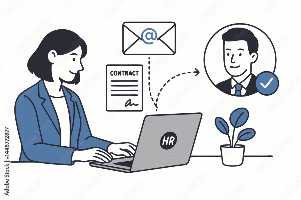 HR manager sending digital job offer contract via email on laptop. Recruitment process vector illustration showing successful candidate hiring and online onboarding steps. HR manager sending digital job offer contract via email on laptop. Recruitment process vector illustration showing successful candidate hiring and online onboarding steps.