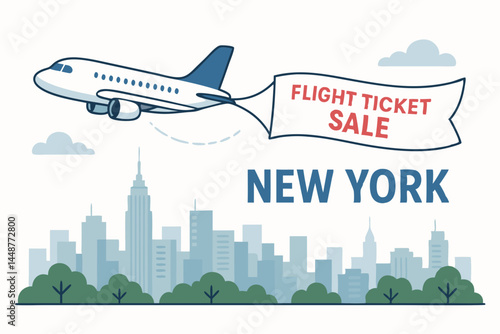 Flat vector graphic showing an airplane with a "Flight Ticket Sale" banner soaring above the iconic New York City skyline. Perfect for travel industry advertising and promotions.