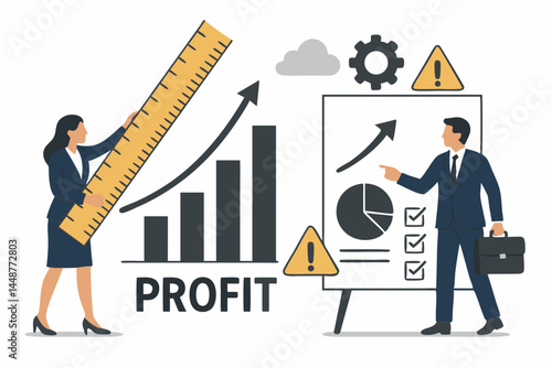 Business team collaboration measuring profit increase using ruler and analyzing growth data on charts. Strategy presentation with risk assessment vector illustration concept.