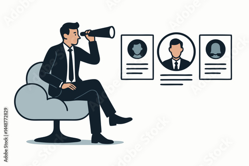 Businessman on cloud chair uses telescope for talent recruitment, searching candidate profiles. Human resources vector concept for hiring, job search, and strategic workforce planning.
