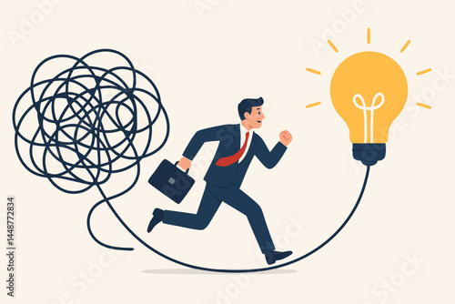 Journey from Chaos to Clarity: Vector Illustration of a Businessman Escaping a Complex Tangle to Reach a Brilliant Lightbulb Idea, Representing Innovation and Problem Solving.