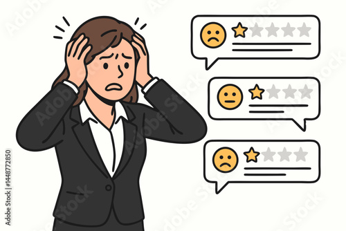 Stressed businesswoman clutches head in despair over negative one-star customer reviews online. Poor feedback and bad service ratings impacting business reputation vector illustration.