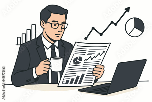 Morning routine of a businessman analyzing financial performance data in a report with graphs and charts, drinking coffee at his office desk with a laptop for market insights.