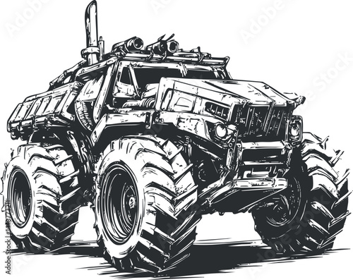 Black and white sketch of a powerful offroad monster truck with large tires for rough terrain driving