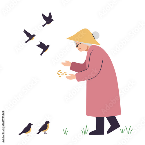 Elderly woman feeding birds - kind senior lady feeding pigeons in park, her face lit by warm sunlight, creating atmosphere of peace and harmony with nature.