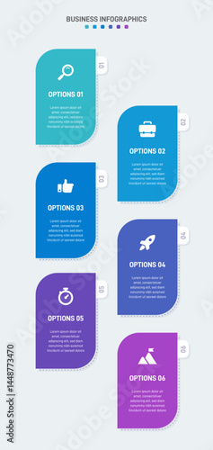 Vertical progress bar featuring 6 arrow-shaped elements, symbolizing the six stages of business strategy and progression. Clean timeline infographic design template. Vector for mobile presentation.
