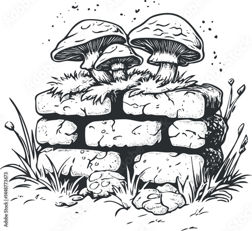 Black and white sketch of mushrooms growing on stacked stones surrounded by grass and plants in nature