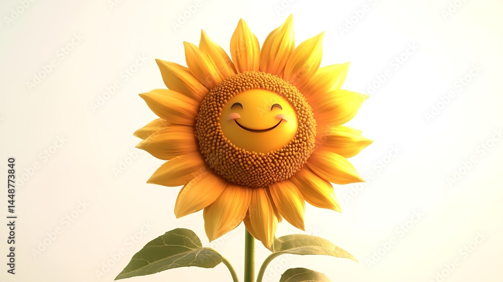 Fototapeta premium A sweet 3D sunflower with an oversized face and a warm friendly glow isolated on a white background generative ai