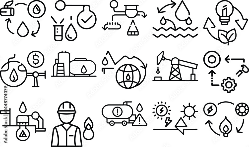 Fototapeta premium Oil & Energy Industry Icons – Extraction, Processing & Sustainability