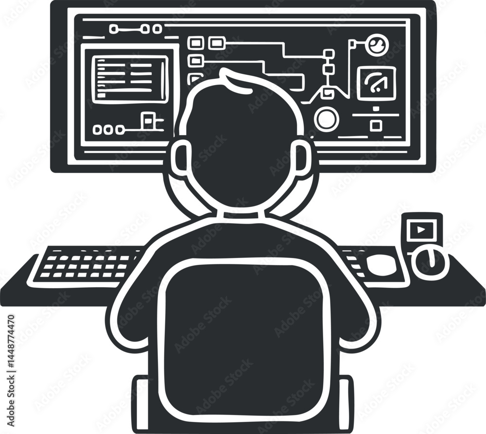 Naklejka premium Illustration of a programmer working on a computer with a complex software interface on a large monitor.