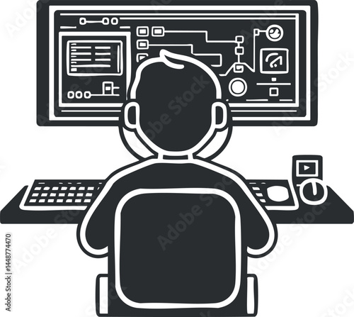 Illustration of a programmer working on a computer with a complex software interface on a large monitor.