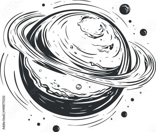 Black and white sketch illustration of a ringed planet with orbiting celestial bodies in space