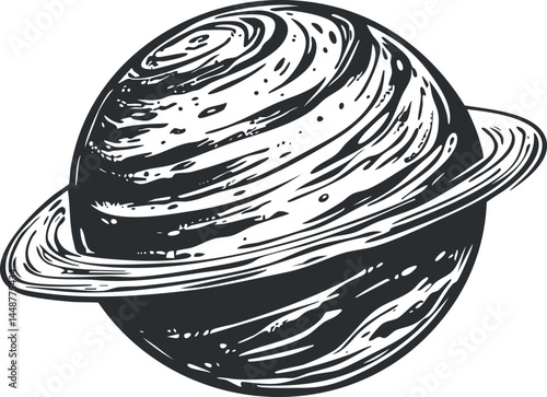 Black and white hand-drawn illustration of a ringed planet resembling Saturn in space