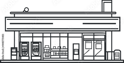 Outline illustration of a gas station with fuel pumps and a convenience store for vehicle refueling and retail.