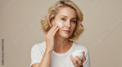 A beautiful middle-aged woman delicately applies face cream to her cheek, enhancing her beauty.