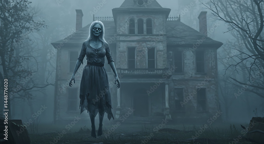 Naklejka premium Ghostly figure in front of a haunted house in the fog.