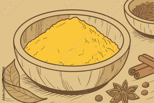 88 Wooden bowl, yellow spice powder, turmeric, vibrant color, culinary ingredient, close-up photography, round shape, textured surface, earthy tones, aromatic spices, natural lighting, food photograph