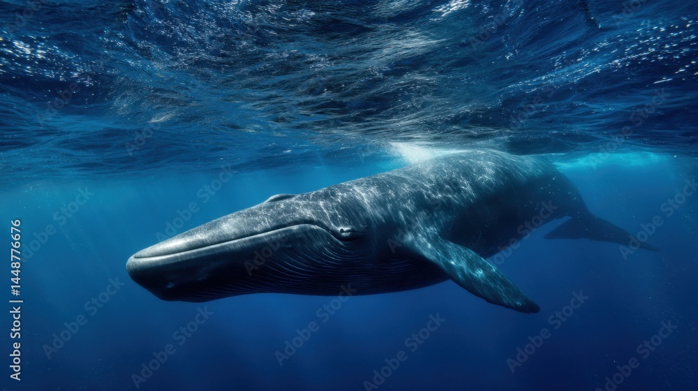 Fototapeta premium Majestic Blue Whale Swimming Beneath the Ocean Surface