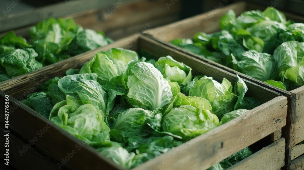 Three wooden crates filled with fresh green cabbage leaves. the crates are arranged in a row and appear to be made of light-colored wood. Three wooden crates filled with fresh green cabbage leaves. the crates are arranged in a row and appear to be made of light-colored wood.
