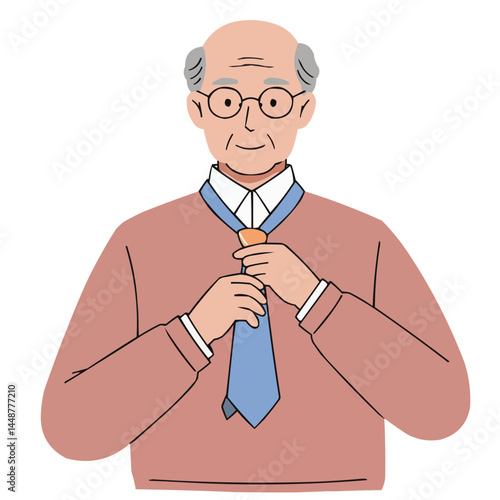 Elderly man tying necktie - distinguished older gentleman adjusting tie before mirror, his focused reflection exudes experience and dignity in morning ritual.