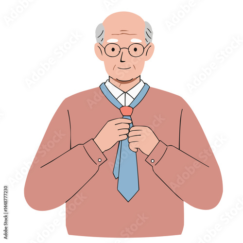 Elderly man tying necktie - distinguished older gentleman adjusting tie before mirror, his focused reflection exudes experience and dignity in morning ritual.