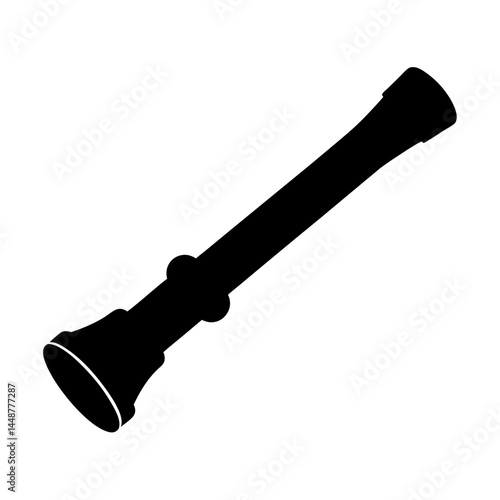 A monochrome silhouette of a recorder musical instrument on white background