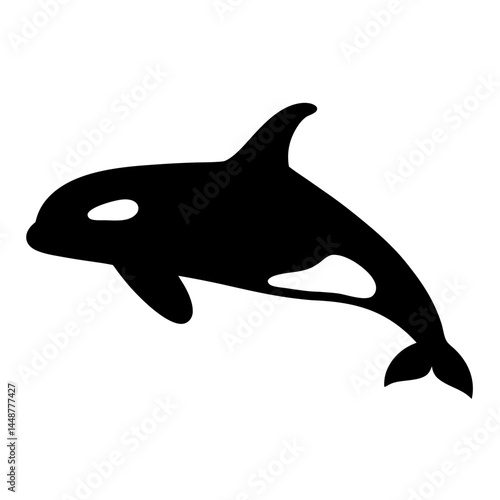 A bold black orca whale illustration swimming in the deep ocean water
