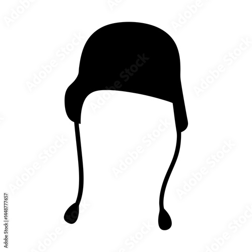Silhouette of a winter hat with earflaps and dangling strings, isolated