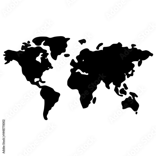 Global Overview Black and White World Map Silhouette with Continent Representation