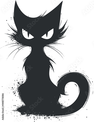 Black silhouette of an angry cat with sharp eyes and curled tail in a stylized artistic design