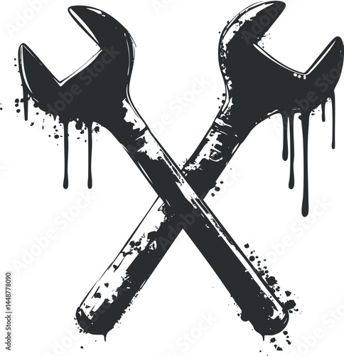 Black grunge style crossed wrench tools icon symbolizing repair and mechanical work