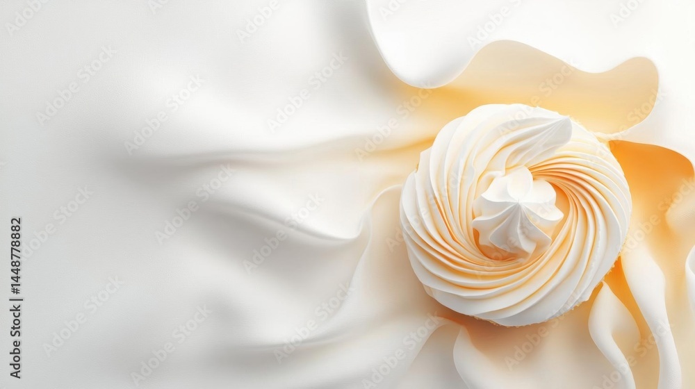 Close-up of a white and orange flower with a spiral design. the flower is made up of multiple layers of whipped cream, creating a smooth and creamy texture. Close-up of a white and orange flower with a spiral design. the flower is made up of multiple layers of whipped cream, creating a smooth and creamy texture.