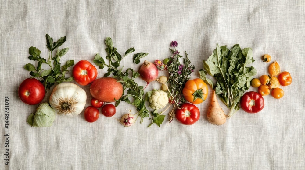 Flat lay of various fresh vegetables arranged in the shape of the word Flat lay of various fresh vegetables arranged in the shape of the word