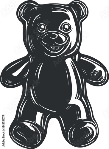 Black and white illustration of a cute teddy bear toy with a smiling face and soft body.
