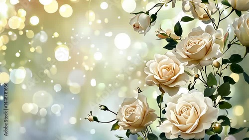 Stunning white roses bloom gracefully under a shimmering golden backdrop of soft lights in a tranquil garden setting Generative AI