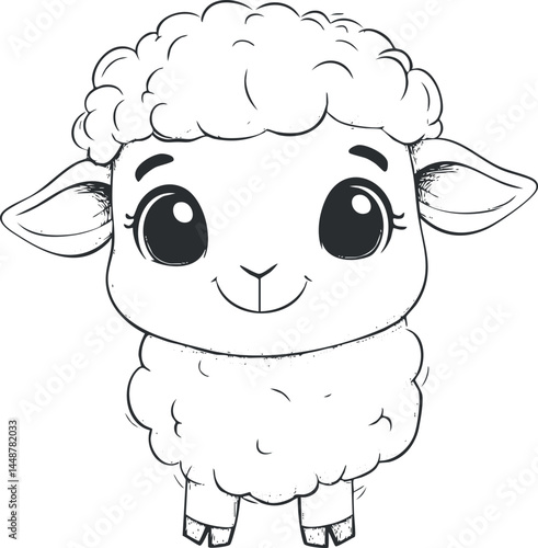 Cute cartoon lamb face with big eyes and fluffy wool in black and white illustration