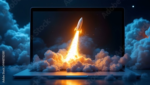 Laptop screen, 3D rocket launch