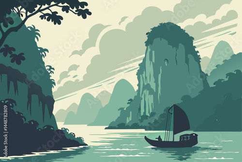 94 Majestic limestone karsts, Tranquil blue-green water, Traditional wooden junk boat, Halong Bay Vietnam, Misty atmosphere, Lush vegetation on cliffs, Calm sea reflections, Dramatic cloud formations,