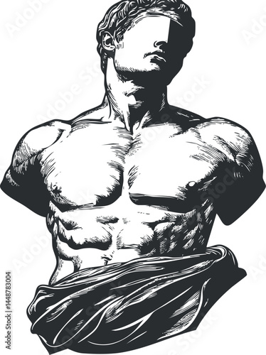 Black and white illustration of a classical male muscular torso sculpture with draped cloth and detailed anatomy