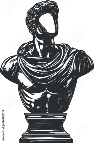 Black and white faceless classical bust sculpture depicting a muscular male figure in draped clothing