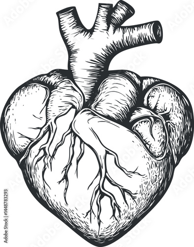 Detailed black and white illustration of a human heart anatomy showing arteries and veins
