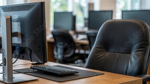 Wallpaper Mural Contemporary office setup featuring a desktop computer, keyboard, and a comfortable black leather chair on a wooden desk. Background includes multiple workstations and monitors. Torontodigital.ca